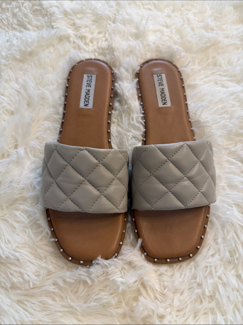 Steve Madden Quilted Slide Sandals in Taupe